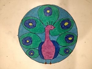 Peacock with Geometric Shapes - Oil Pastels
